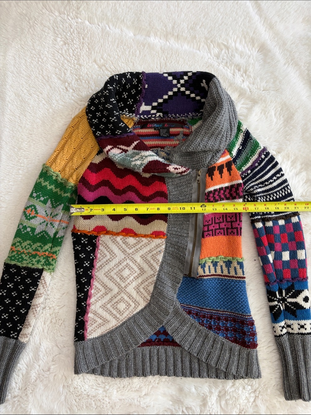 Desigual Multicolor Patchwork Zip-Up Sweater with Gray Trim,Size M. - Picture 14 of 17